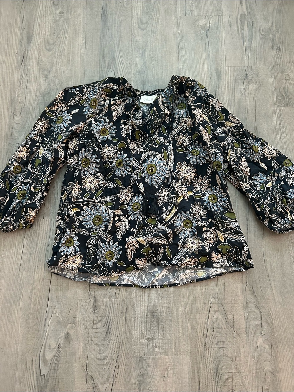 Cleobella Black Floral Boho Blouse Size Large Tassel Tie